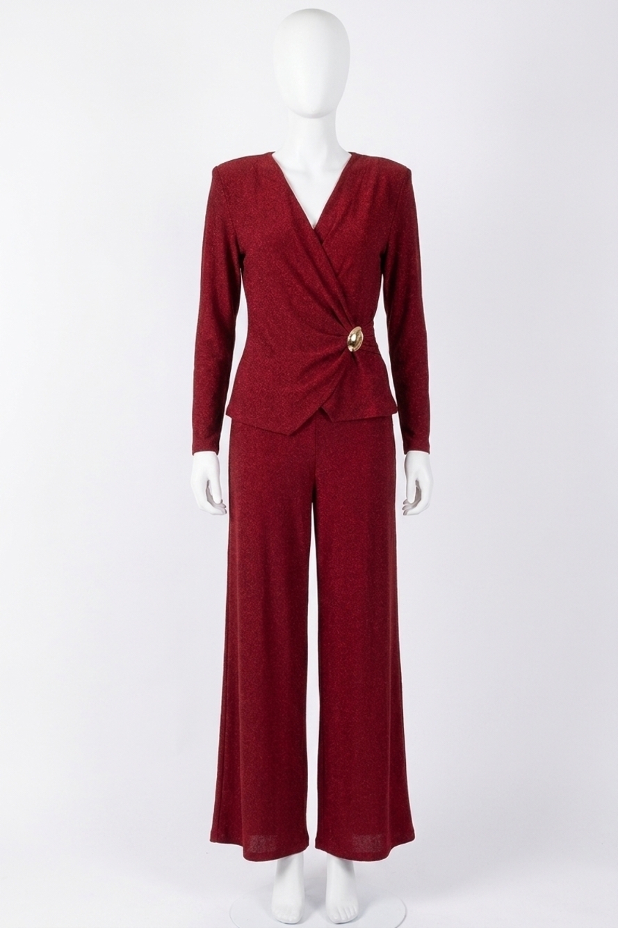 NEW JOSEPH RIBKOFF shimmery faux wrap wide leg jumpsuit in deep cherry